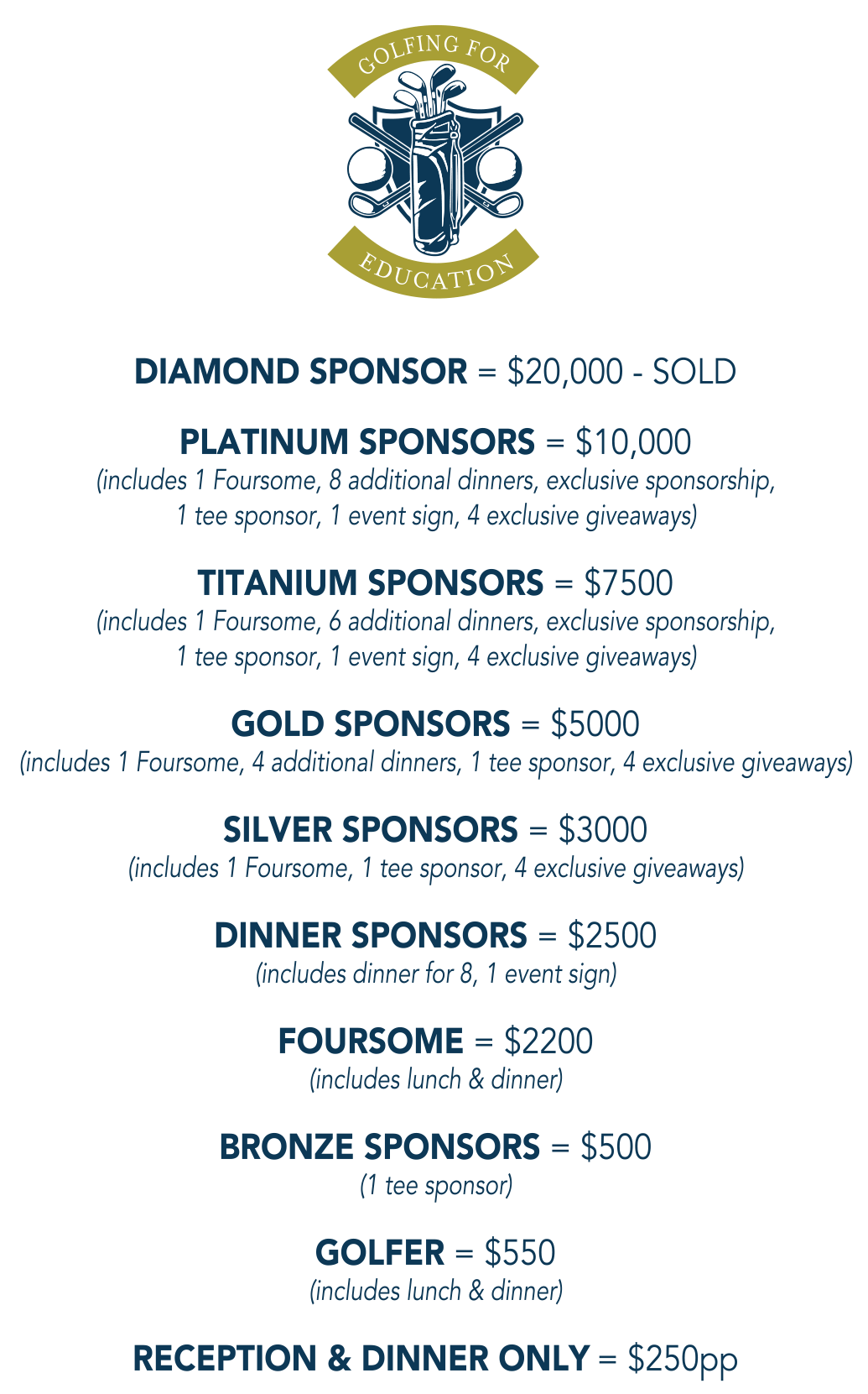 Golf tournament sponsorship levels with prices: Diamond, Platinum, Titanium, Gold, Silver, Dinner, Foursome, Bronze, Golfer, and Reception.