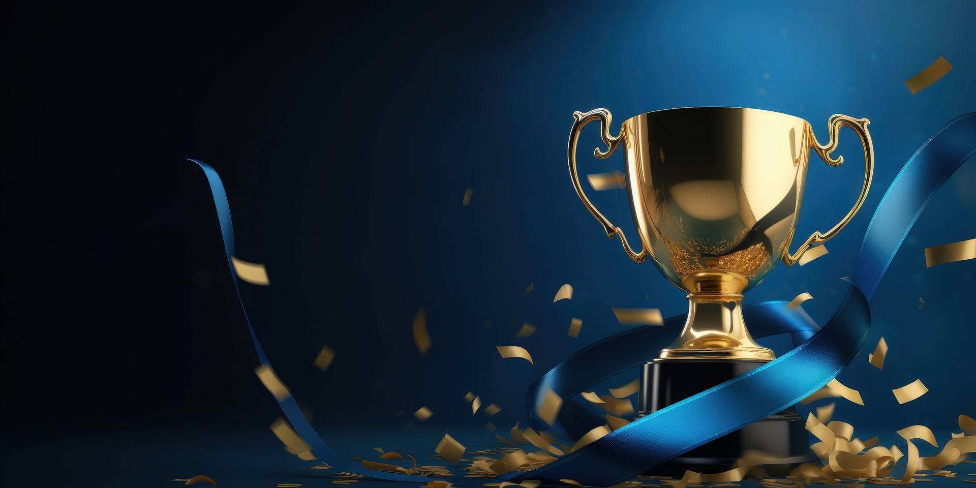 Golden trophy with blue ribbon and confetti on a blue background.