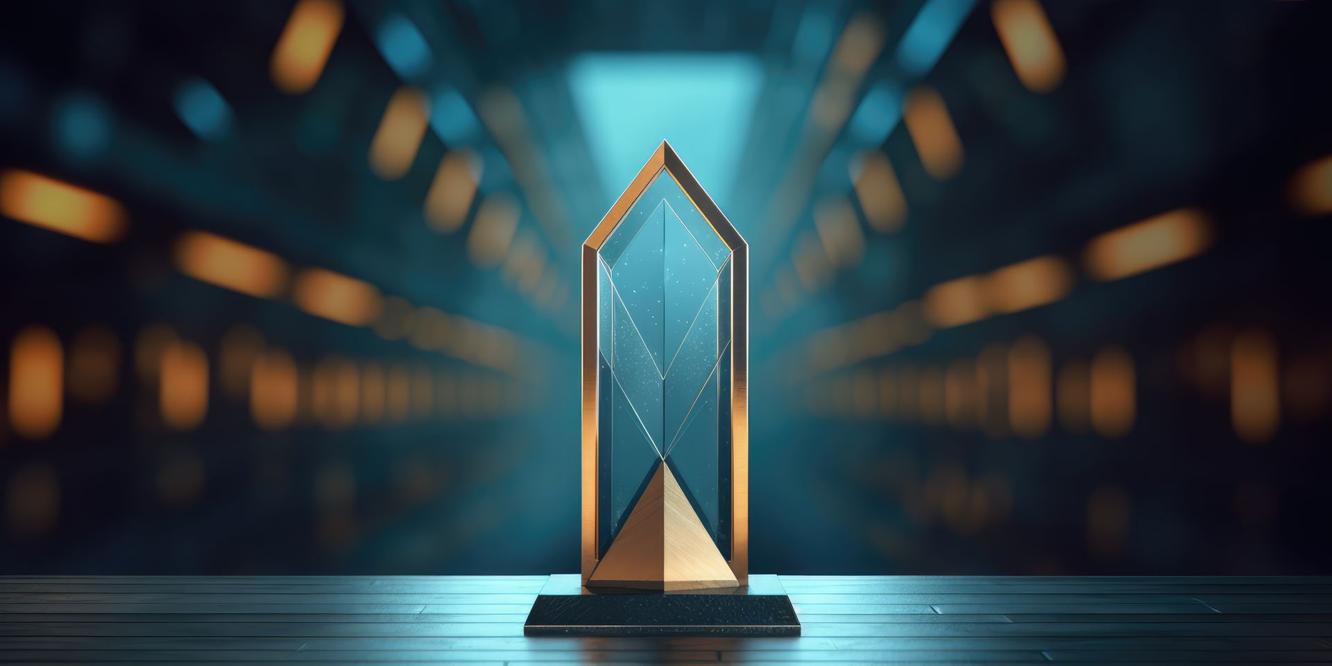 Golden trophy on a metallic surface in a futuristic, blurred blue and gold setting.