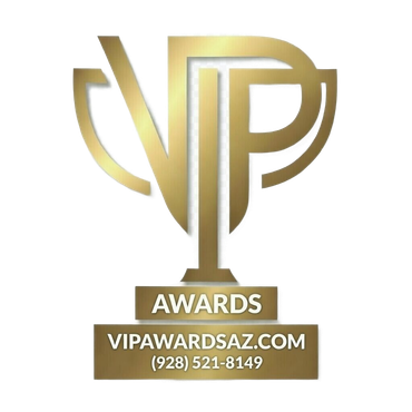 V.I.P. Awards Gold VIP Awards logo shaped like a trophy, featuring the website vipawardsaz.com and phone number (928) 521-8149.