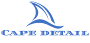 Blue, stylized shark fin icon above the text "CAPE DETAIL" in a bold, serif font.
