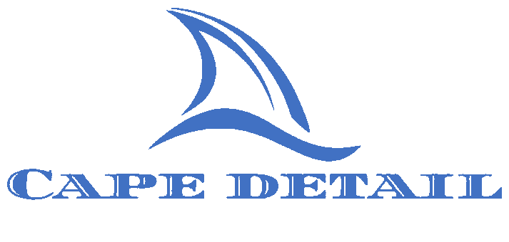 Blue, stylized shark fin icon above the text "CAPE DETAIL" in a bold, serif font.