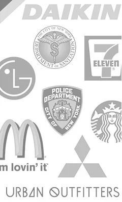 Gray collage of brand logos: Daikin, Starbucks, 7-Eleven, McDonald’s, and Urban Outfitters