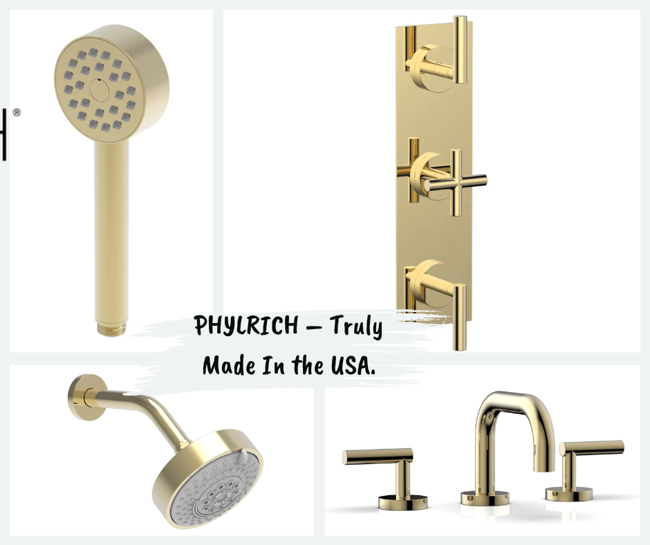 Brushed gold bathroom fixtures set, including showerhead, faucets, and handles, with 