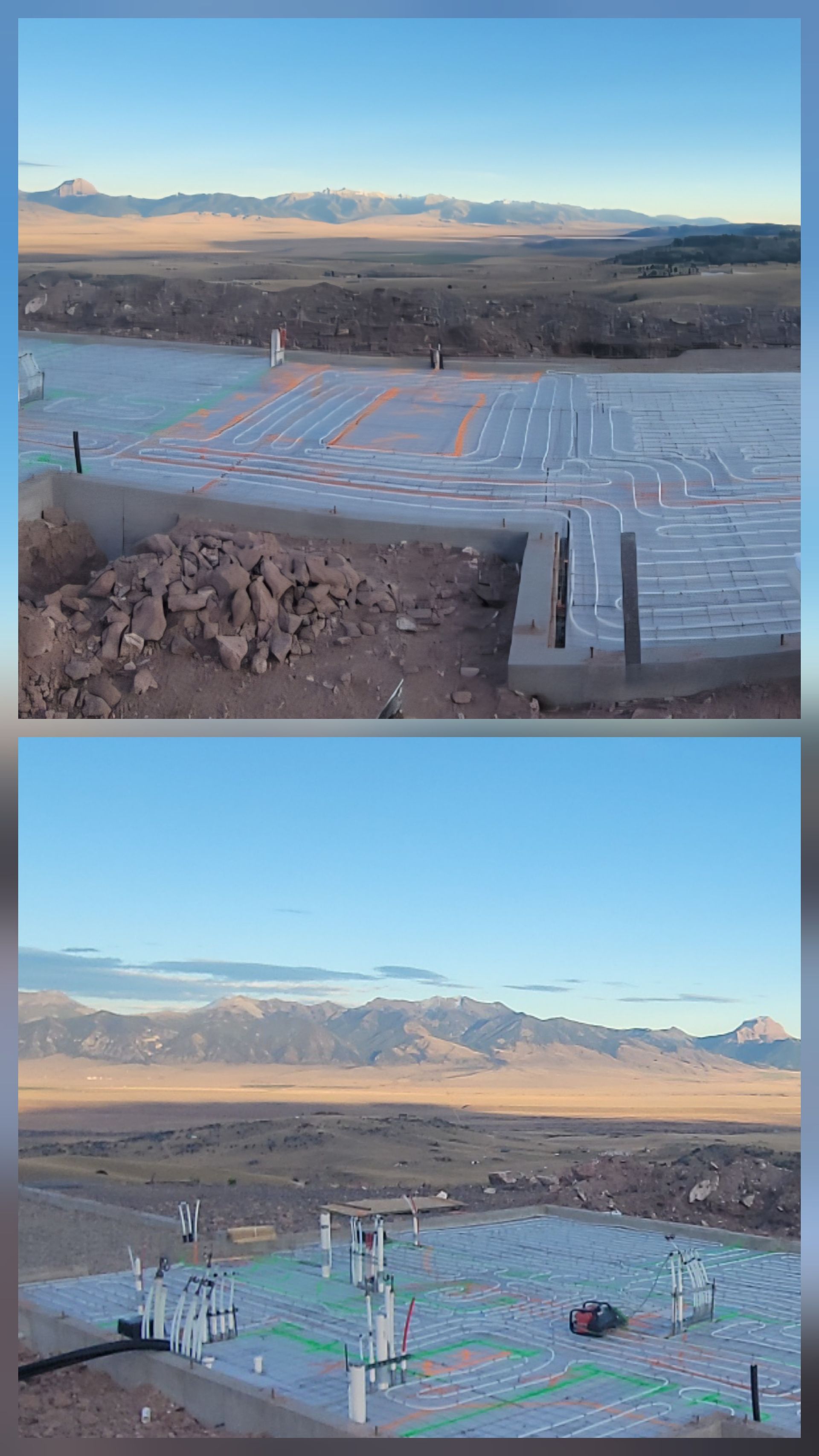Two-panel construction site with foundation forms and mountains in the distance at dusk