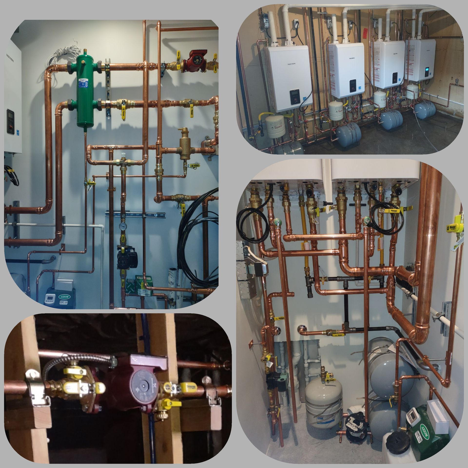 Collage of copper plumbing and boiler systems with gauges, valves, and water tanks in a utility room