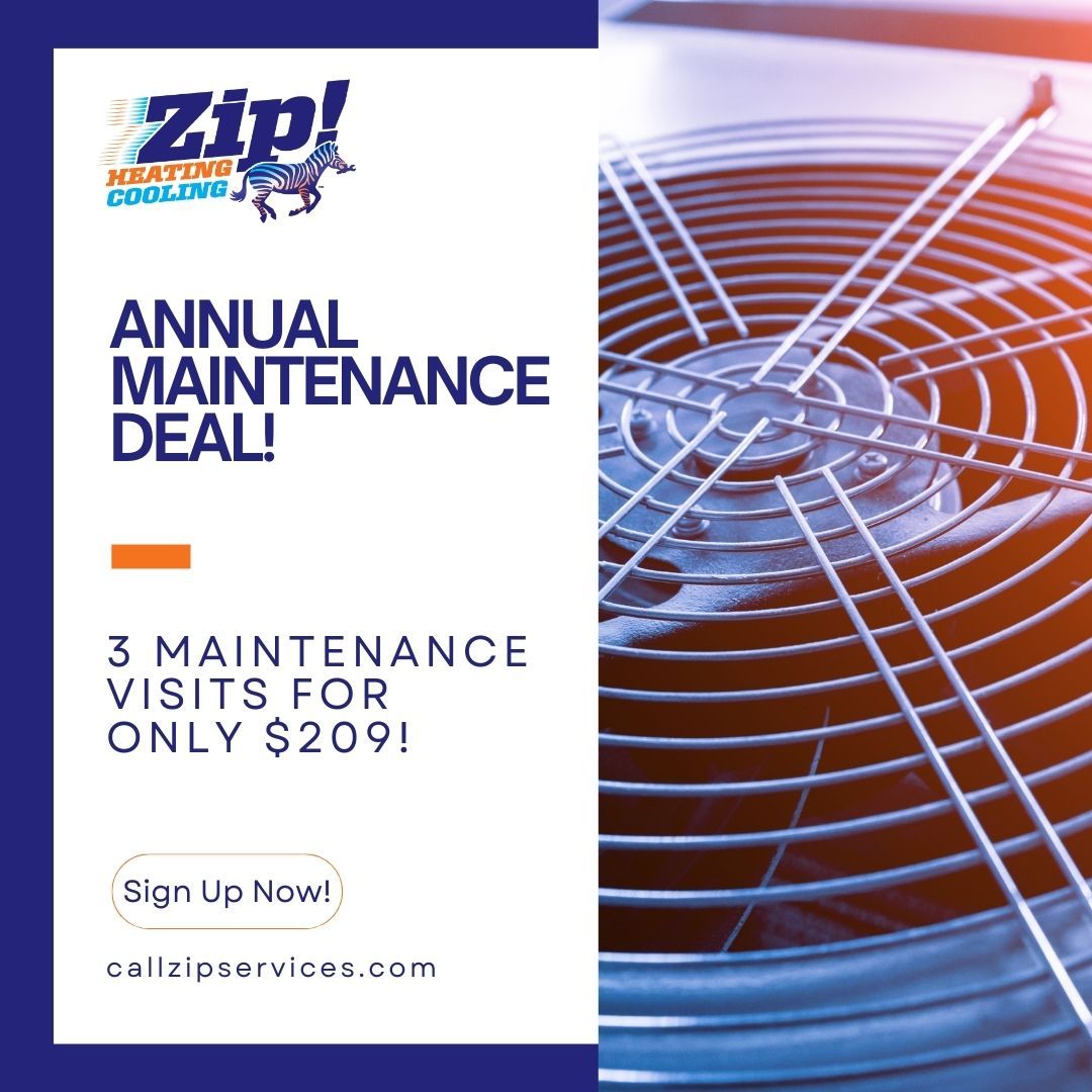 Advertisement for Zip! Heating & Cooling: Annual maintenance deal, 3 visits for $209. Includes fan image.