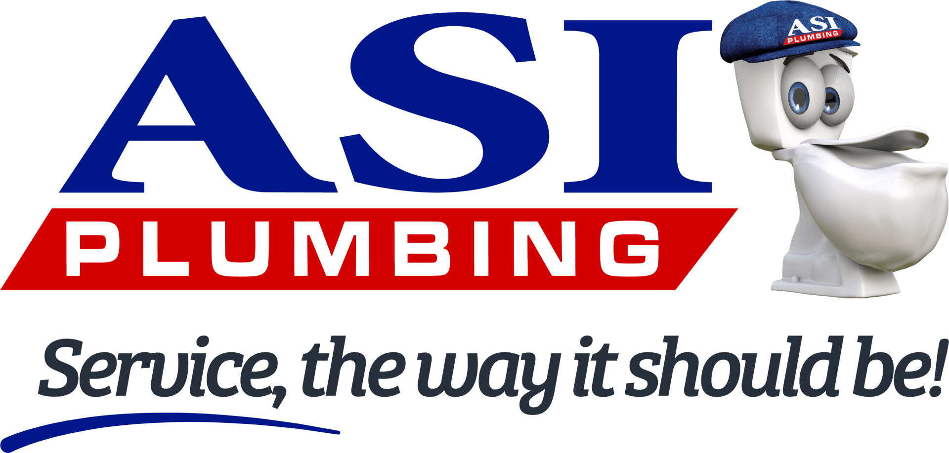 ASI Plumbing logo with blue letters on a red background, a toilet mascot, and the tagline