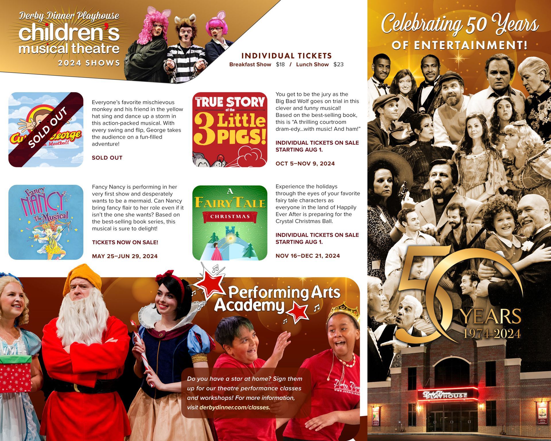 Children's musical theater advertisement featuring shows: Storybook, True Story, Fairy Tale. Celebrating 50 years.