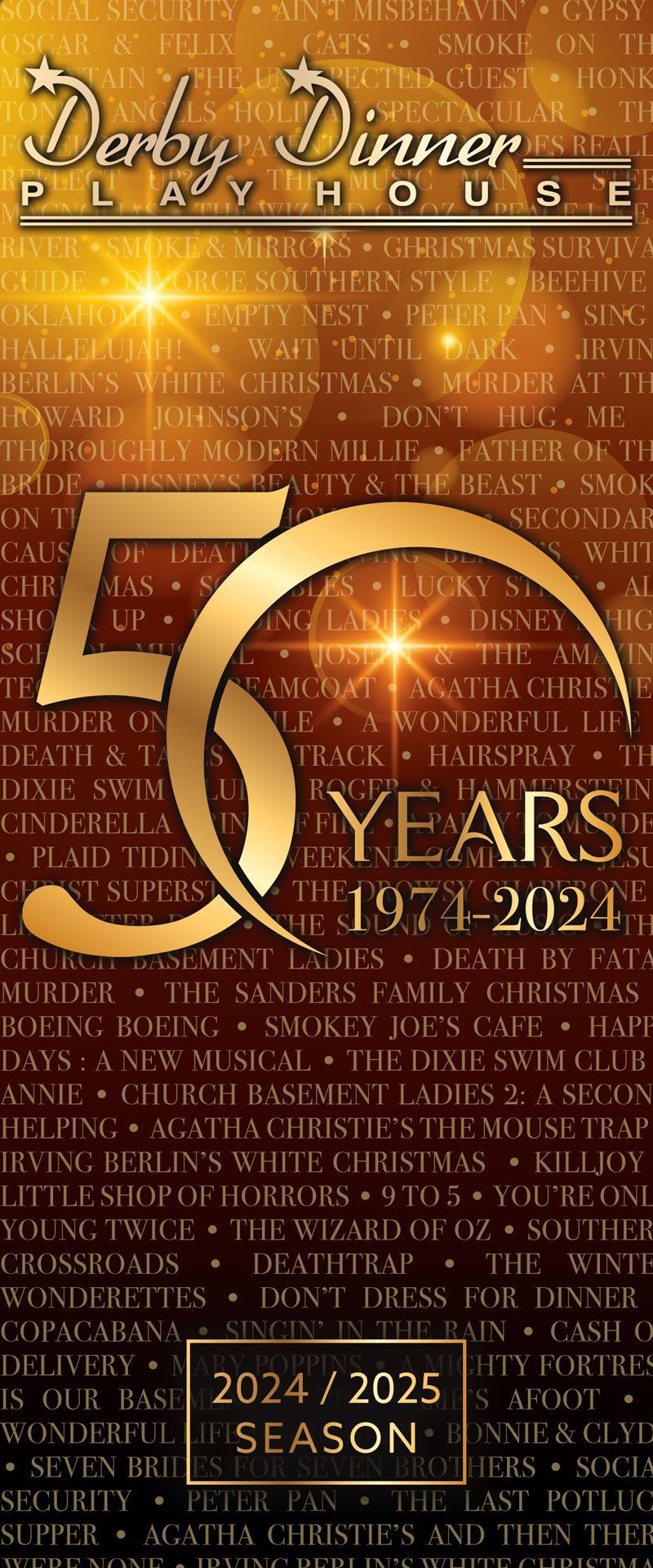 Gold banner for Derby Dinner Playhouse 50th anniversary (1971-2024), 2024/2025 season.