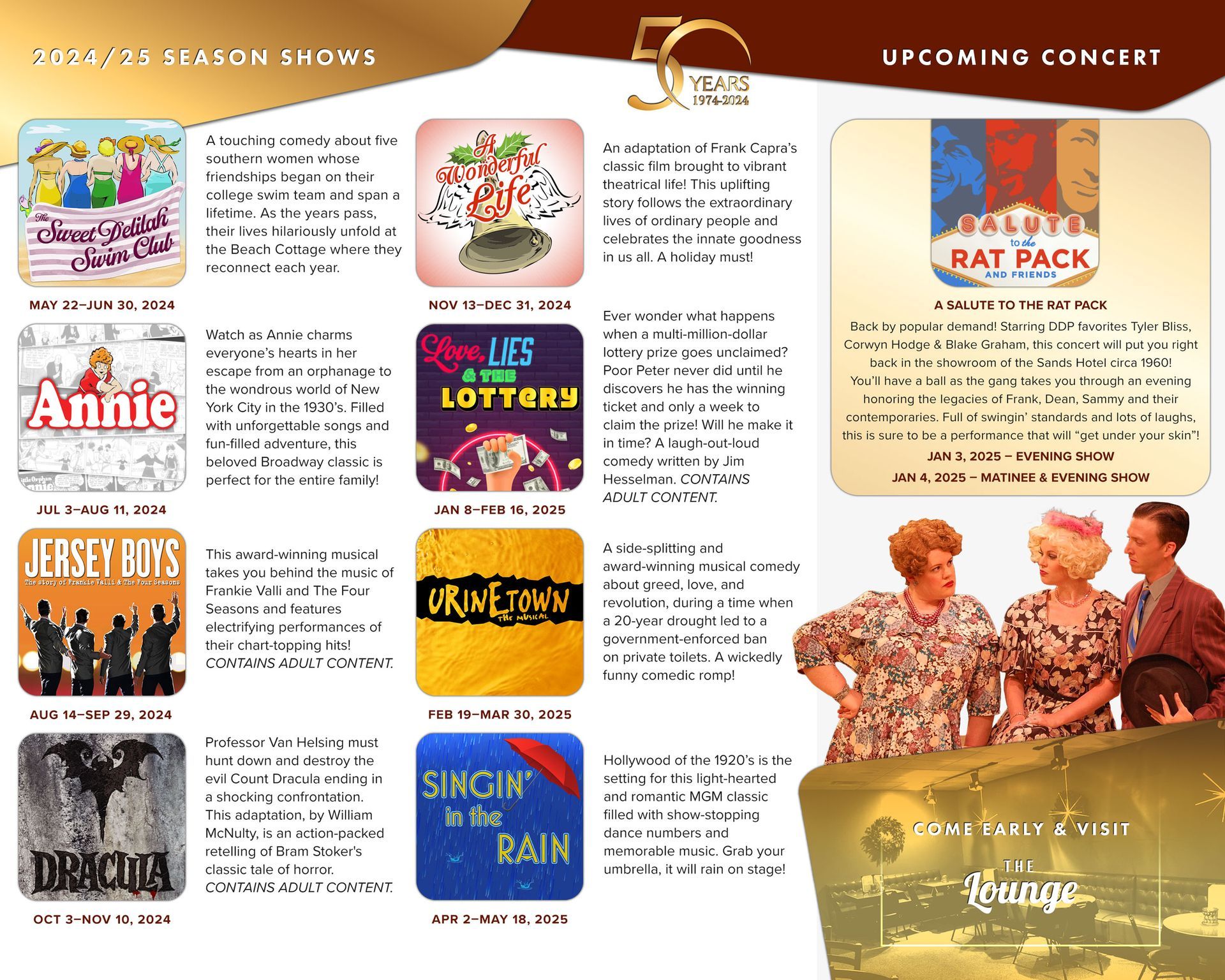 Theater season show announcements. Shows include Annie, Jersey Boys, Singin' in the Rain, and others.