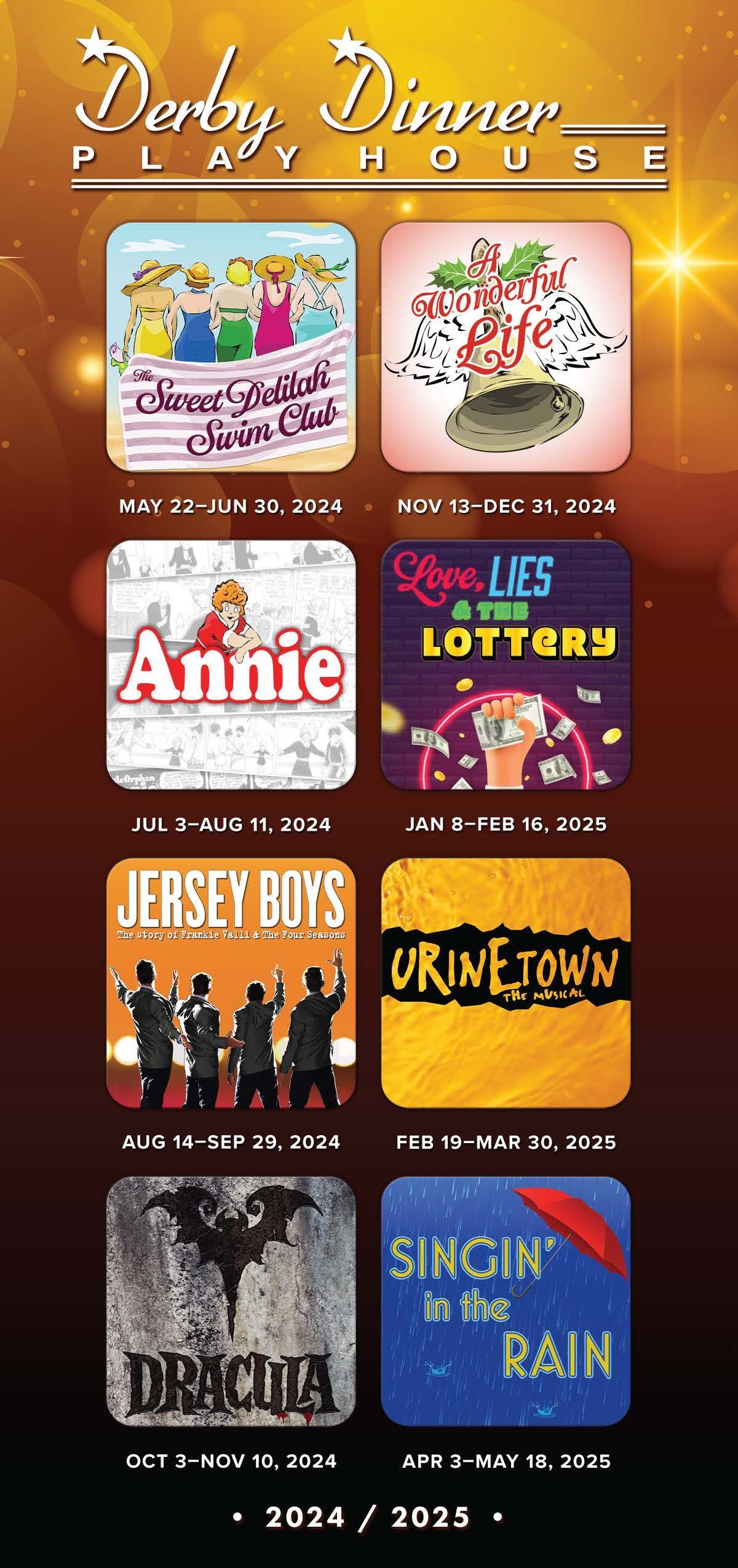 Derby Dinner Playhouse plays: 2024-2025 season. Shows include 