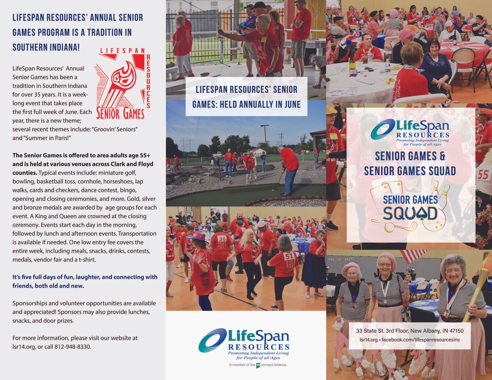 Lifespan Resources Senior Games flyer. People in red participate in outdoor and indoor activities, and socialize.