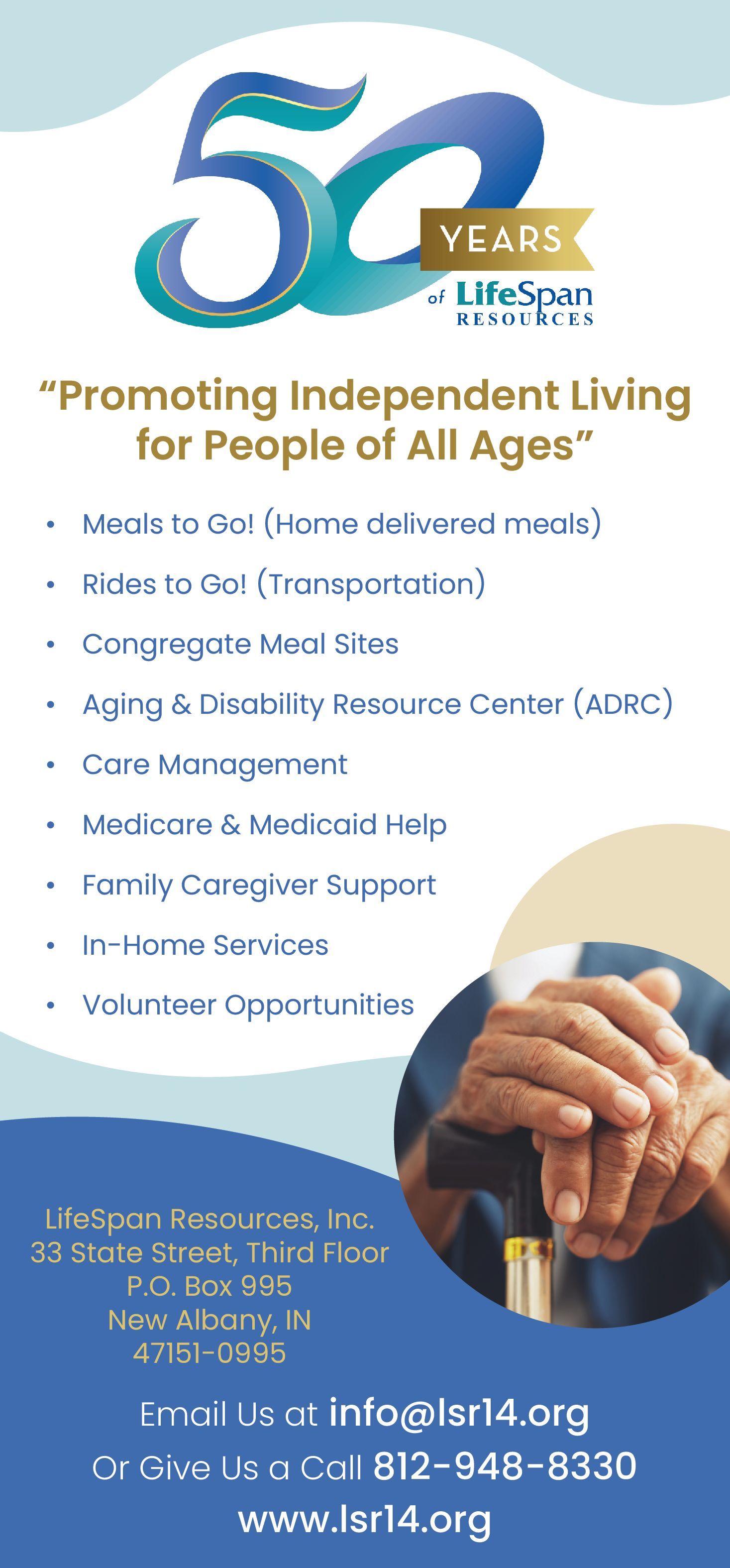 Advertisement for a senior living service, blue and teal colors. Features a person holding a cane, with contact details.