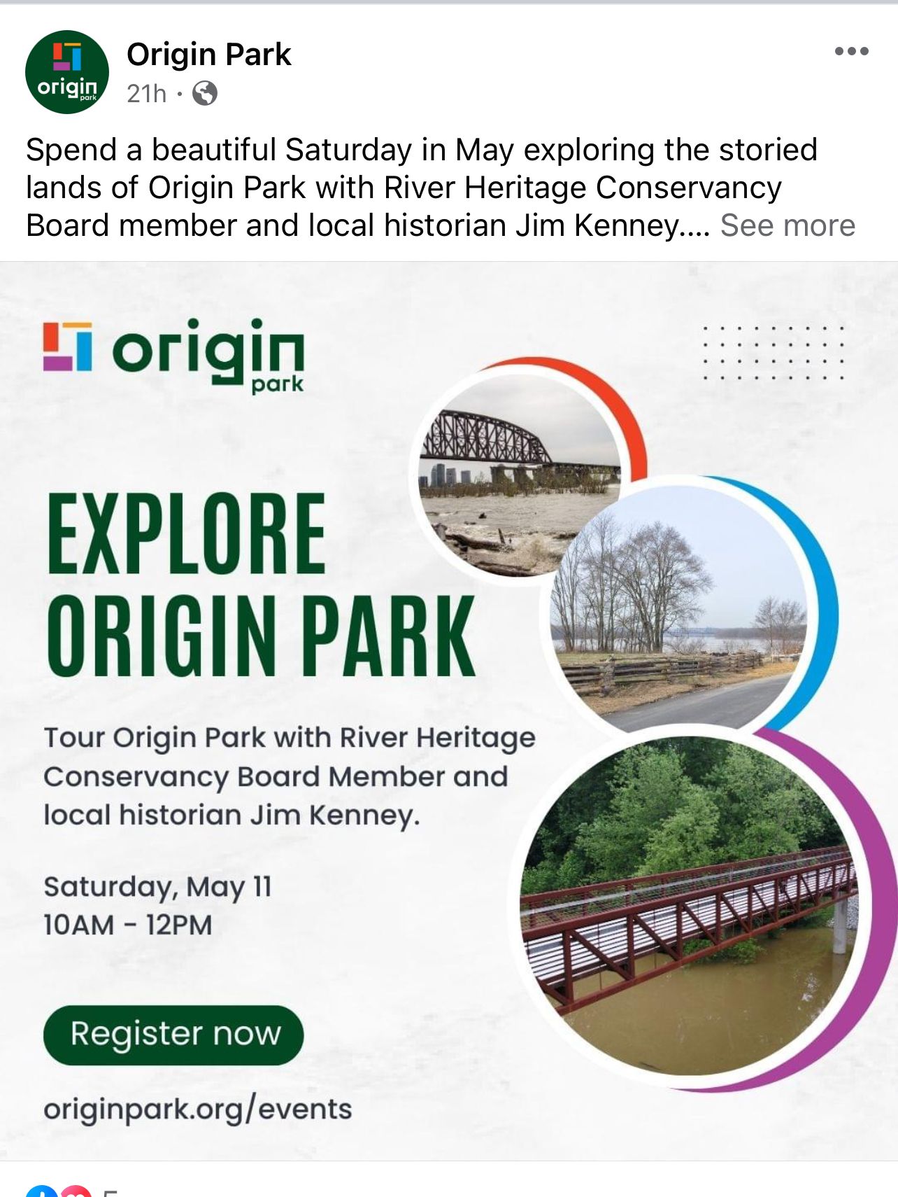 Origin Park event: Explore the park with a historian. Date/time: May 11, 10 AM-12 PM. Register at originpark.org/events.