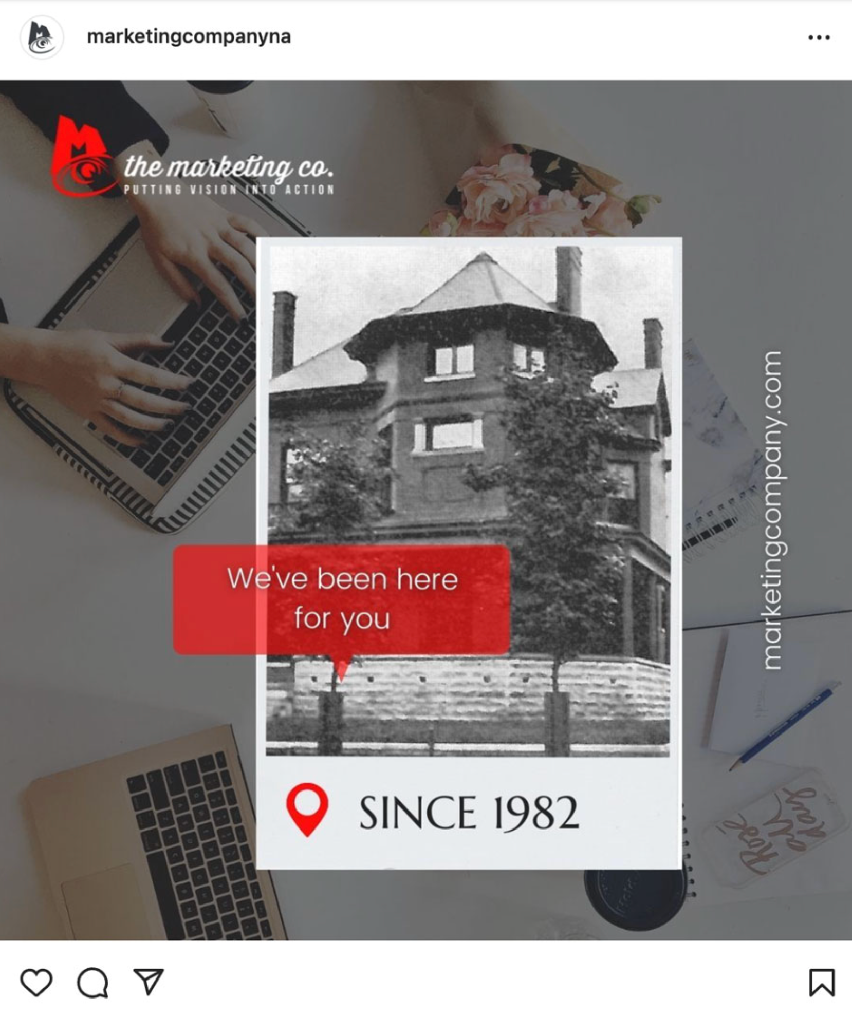 Marketing company Instagram post: vintage building photo with text,