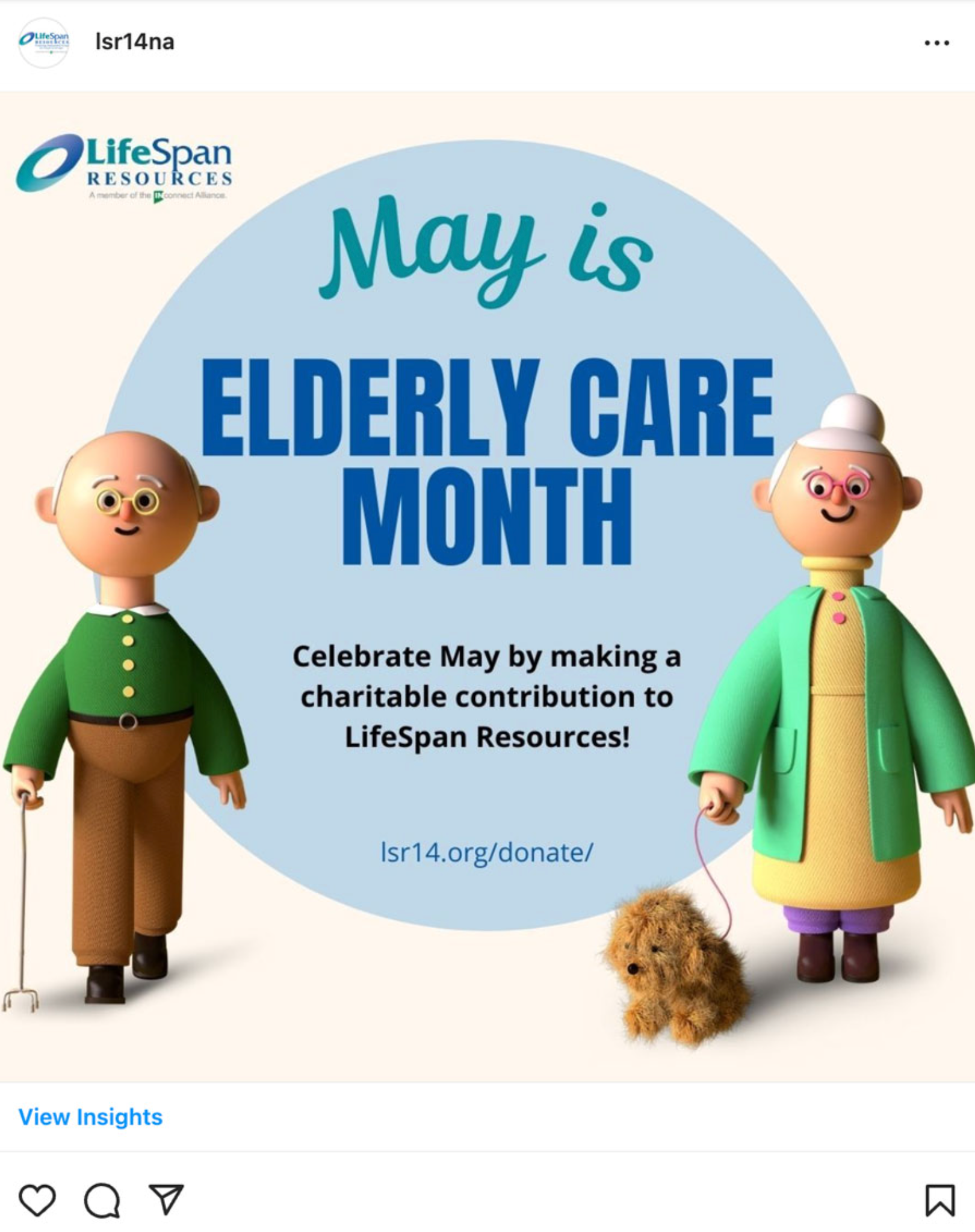 Advertisement for Elderly Care Month: Elderly cartoon couple with dog, text promoting charitable contributions to LifeSpan Resources.