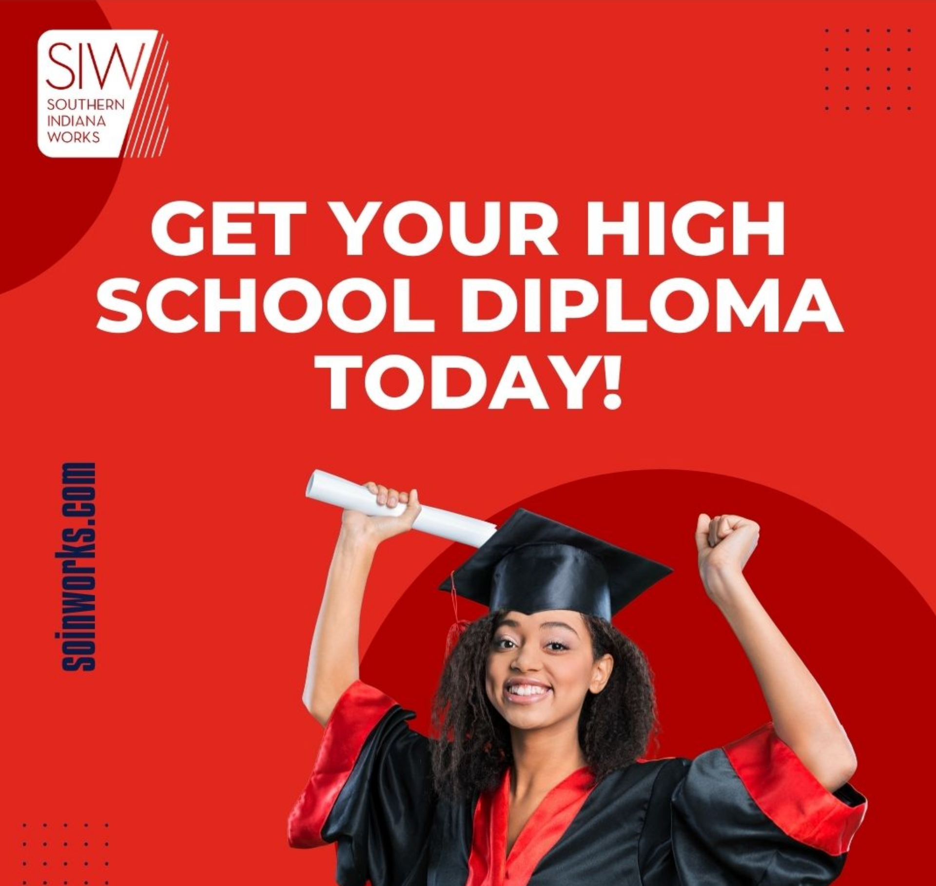 Woman in graduation gown holding diploma, text: