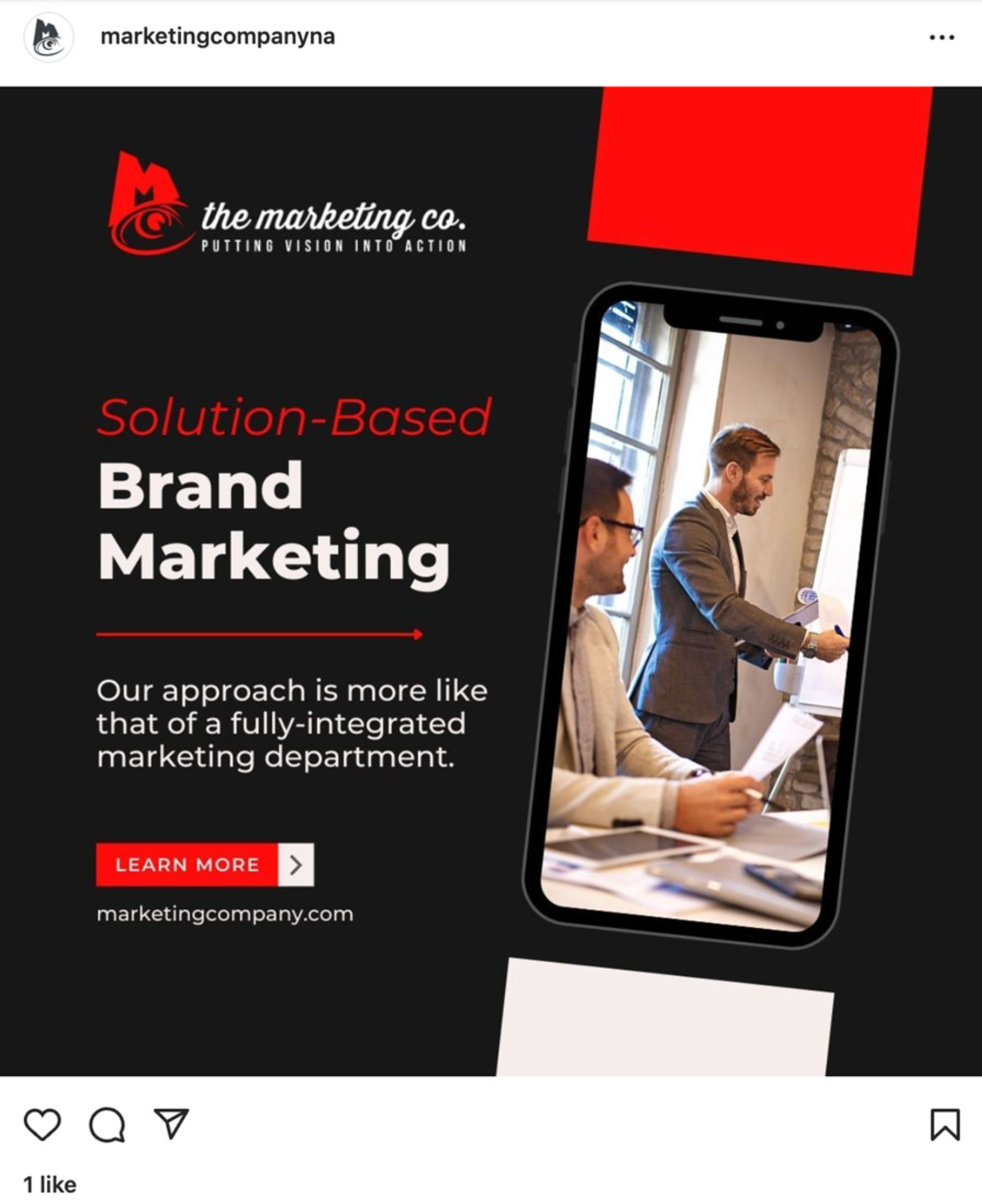 Marketing ad: Red and black design with a phone showing two business people. Text: