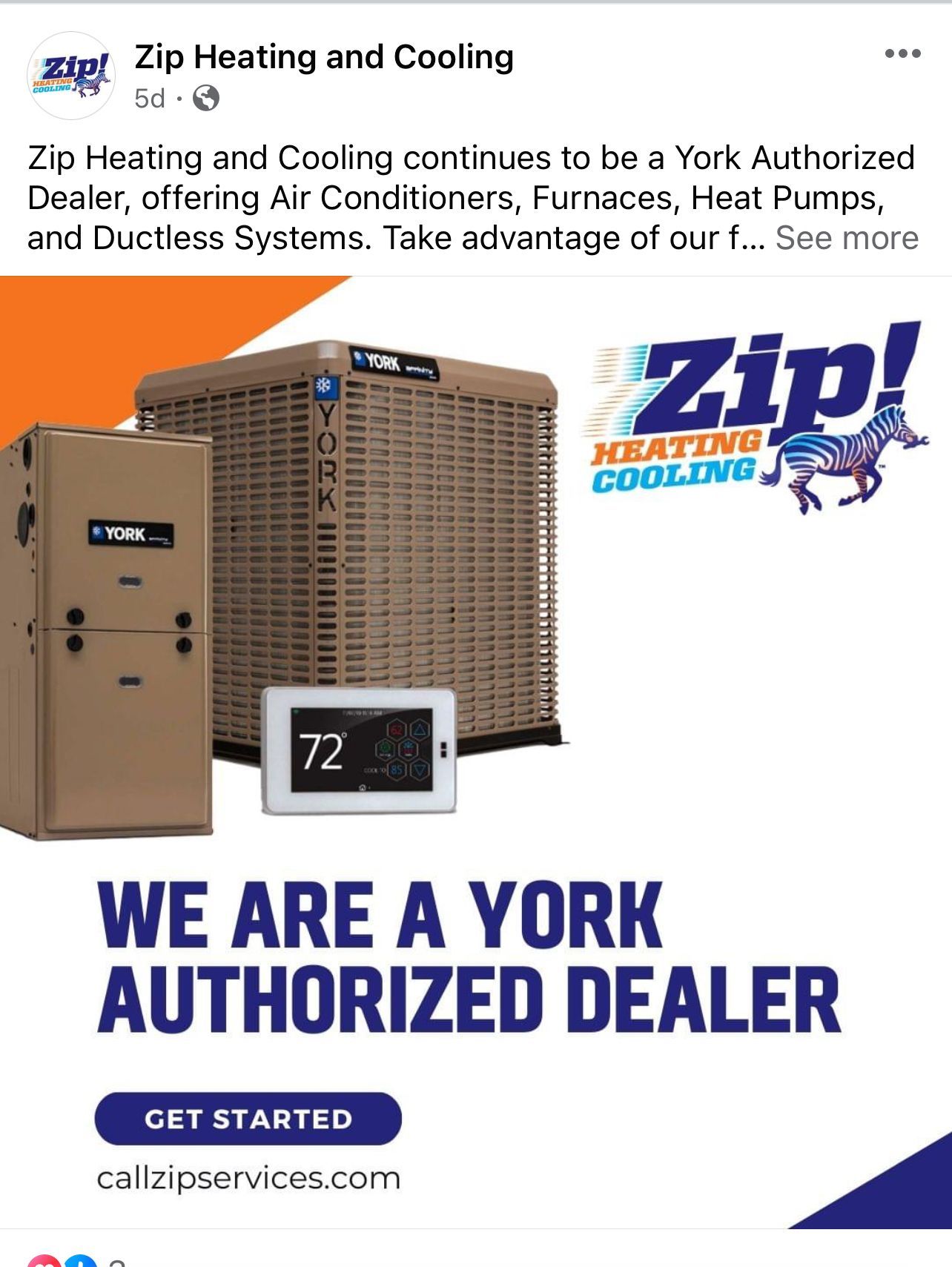 Advertisement for Zip Heating and Cooling, a York authorized dealer. Features HVAC equipment and the company logo.