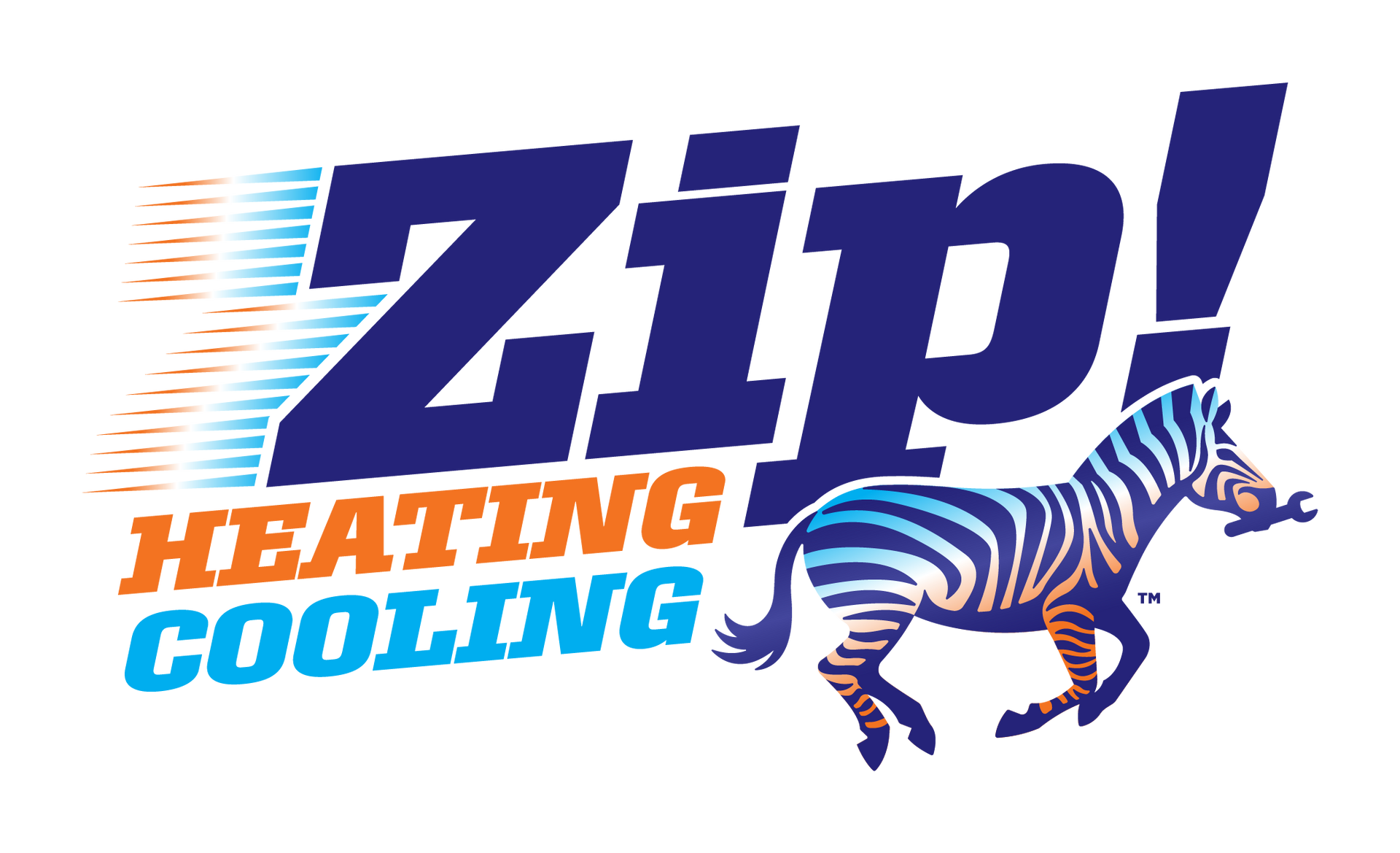 Zip! Heating & Cooling logo with a zebra holding a wrench and a blue, orange, and white color scheme.