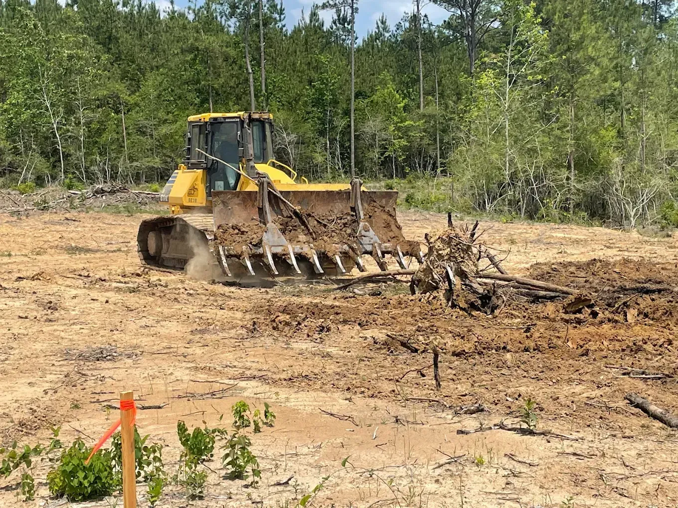 Yellow bulldozer clearing brush in a muddy clearing beside a forest