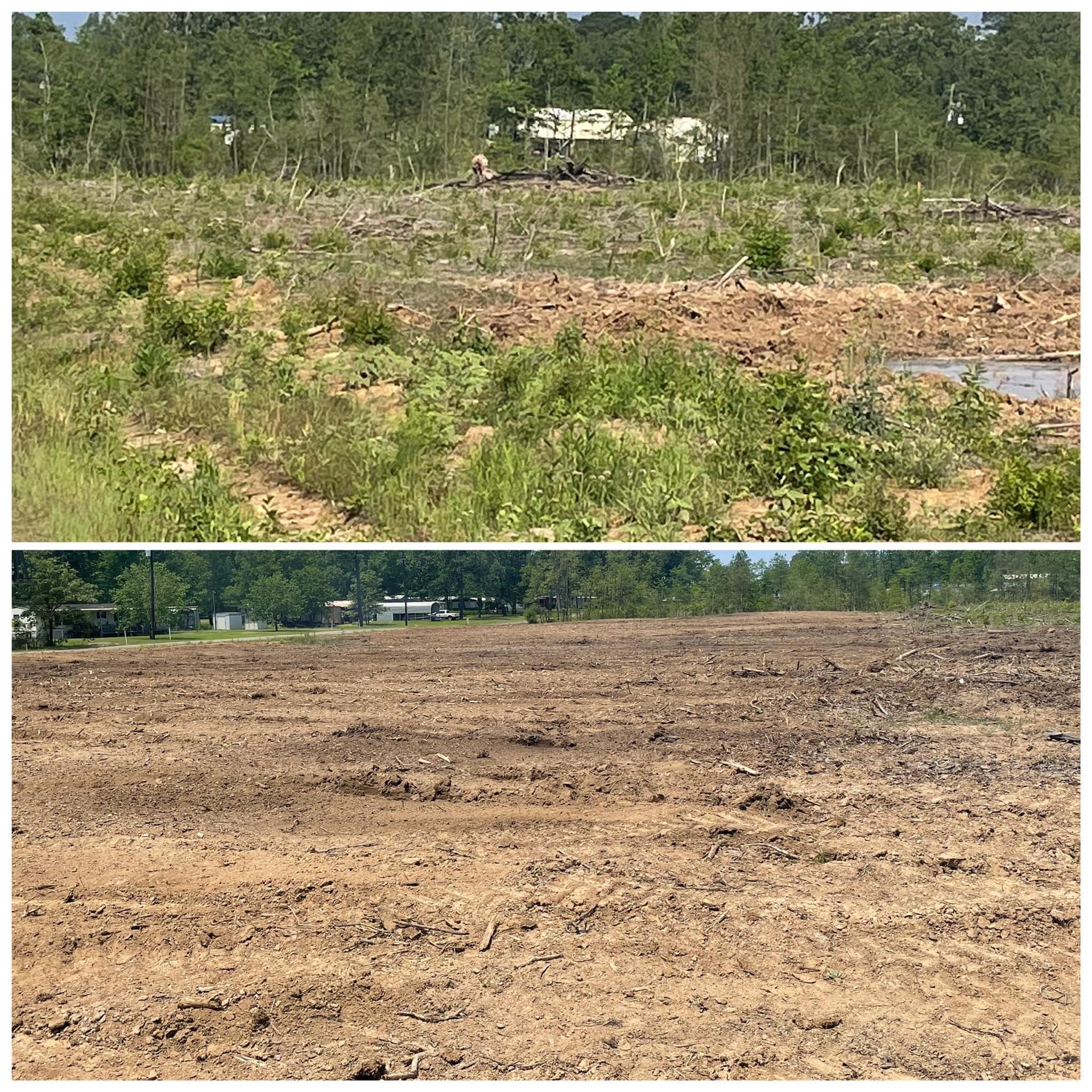 Top: wooded land cleared to dirt with a house in the distance; bottom: the same site fully cleared and leveled.