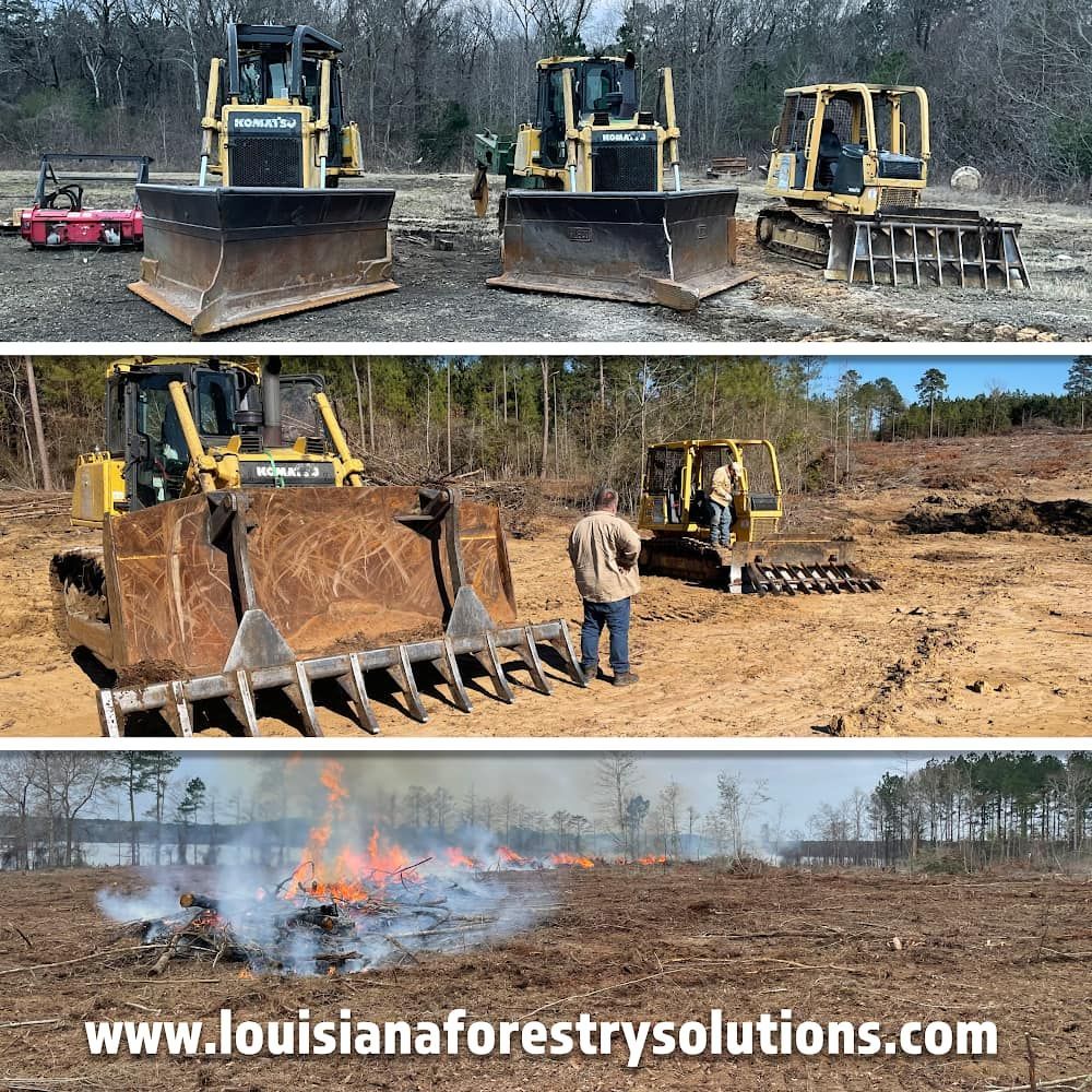 Bulldozers with forestry blades clearing land; one pushes dirt, another burns brush, with website text visible