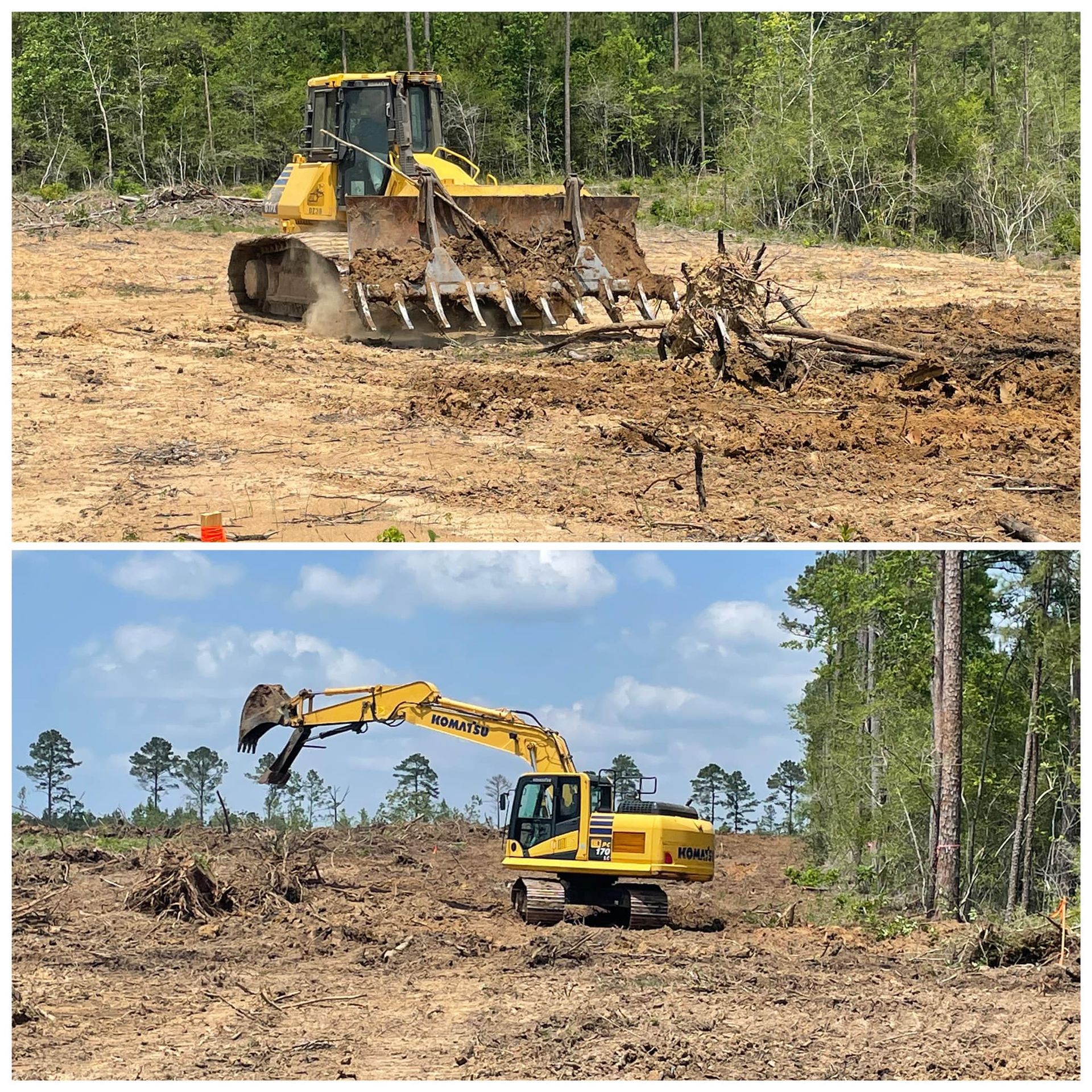 Bulldozer and excavator clearing a muddy wooded site under a bright sky.