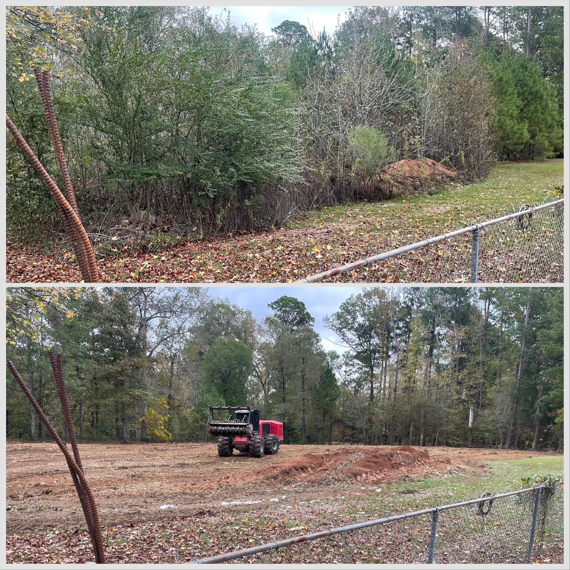 Before-and-after view of a wooded lot, with a red tractor clearing brush in the lower panel.
