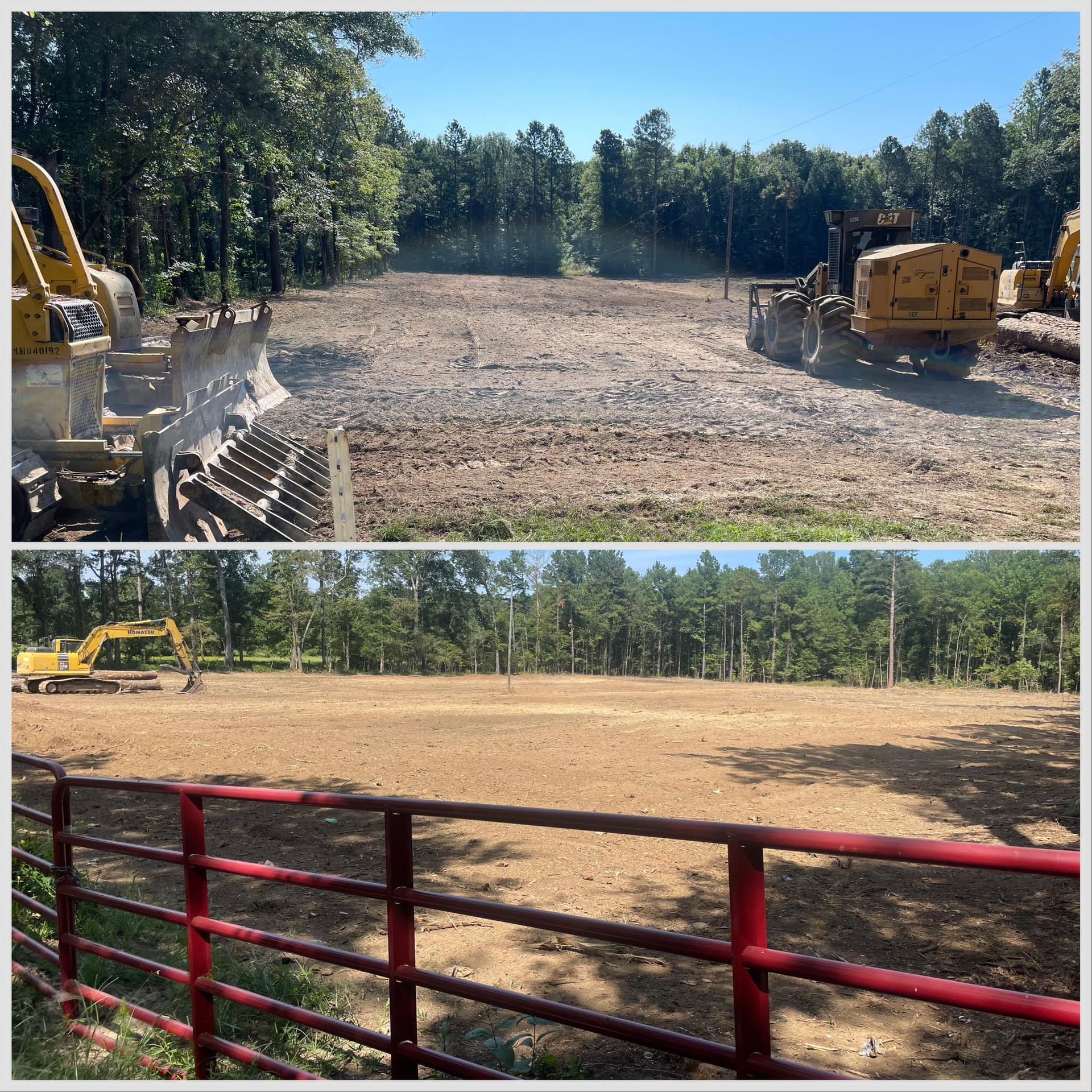 Construction site cleared to dirt, with yellow excavators and heavy machinery beside a red fence and trees.