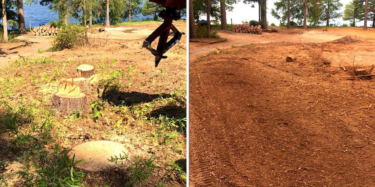 Two views of a dirt trail with cut tree stumps and a person jumping over a path.