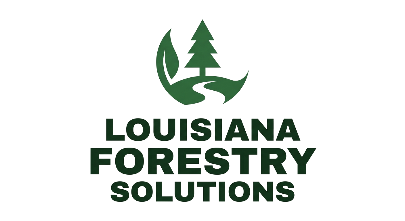 Green logo with tree and leaf icon above the text &ldquo;Louisiana Forestry Solutions&rdquo;