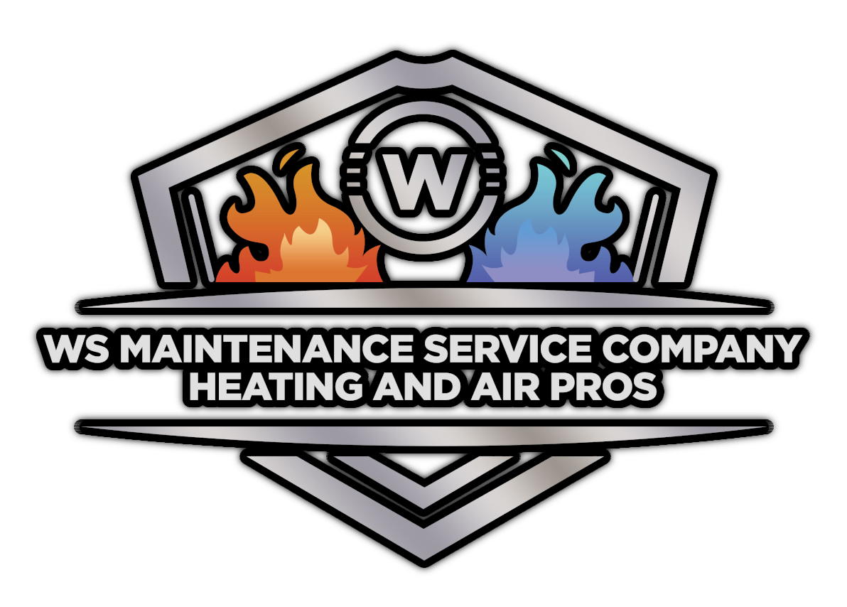A logo with a shield, fire and ice flames, a "W" in a circle, and text: "WS MAINTENANCE SERVICE COMPANY HEATING AND AIR PROS."