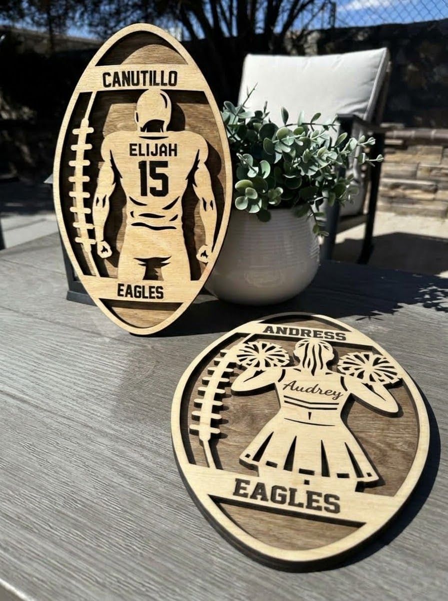 Personalized Dual-Layer Wooden Football /Cheerleader Wall Plaque