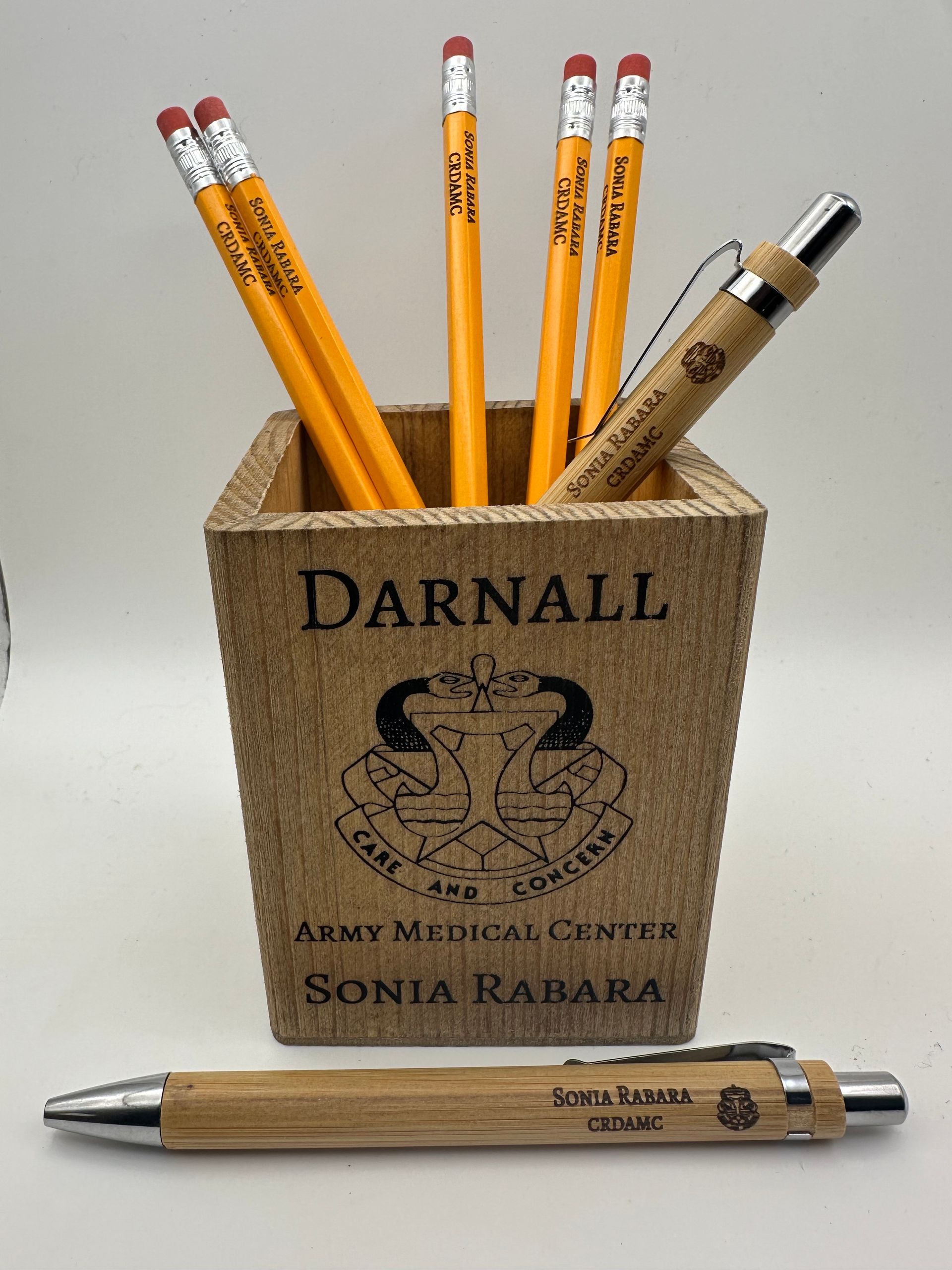 Wood Pen Holder with custom engraved pen and pencils