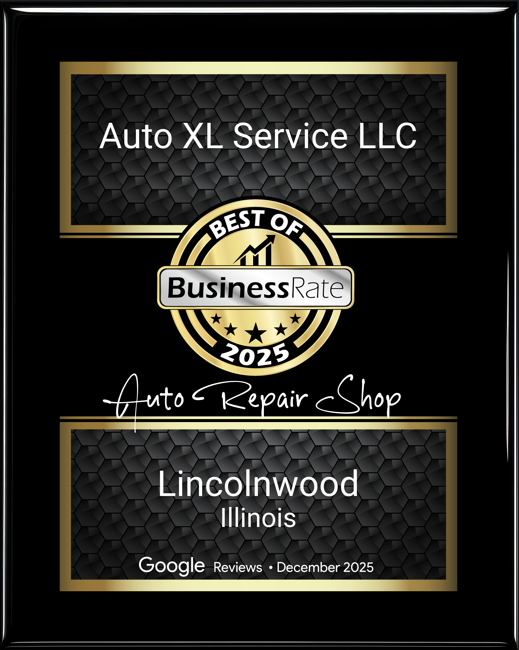 Auto XL Service LLC award graphic, Best of Business Rate 2025, Lincolnwood, Illinois, black and gold