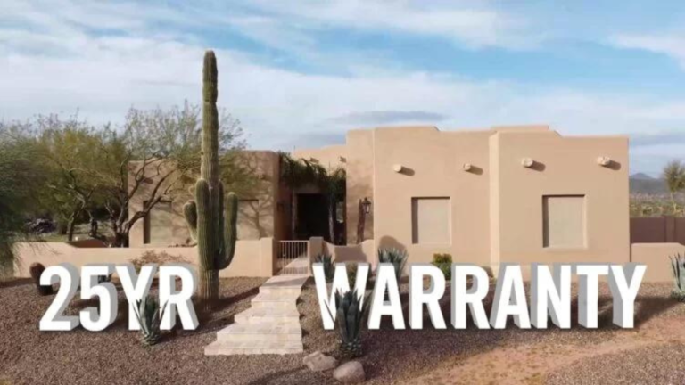 Desert home exterior with large “25YR WARRANTY” text overlay
