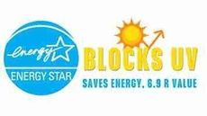 Energy Star logo with “Blocks UV” text and sun icon, saying “Saves energy. 6.9 R value.”