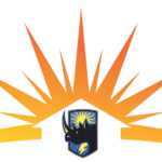 Sunburst logo with orange rays over a blue shield and yellow sun emblem