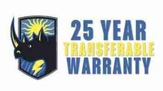 Blue shield logo with lightning bolt and sunburst, beside text “25 Year Transferable Warranty”