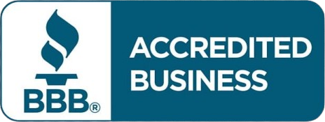 BBB Accredited Business logo with white torch icon and text on teal and blue background