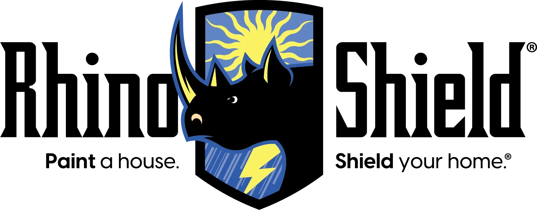 Rhino Shield logo with black shield and yellow rhino, slogan “Point a house. Shield your home.”