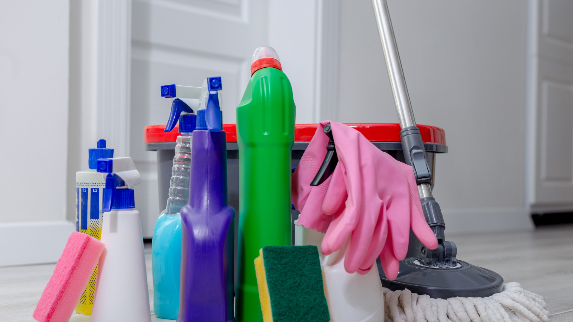 A group of cleaners are posing for a picture in a living room.