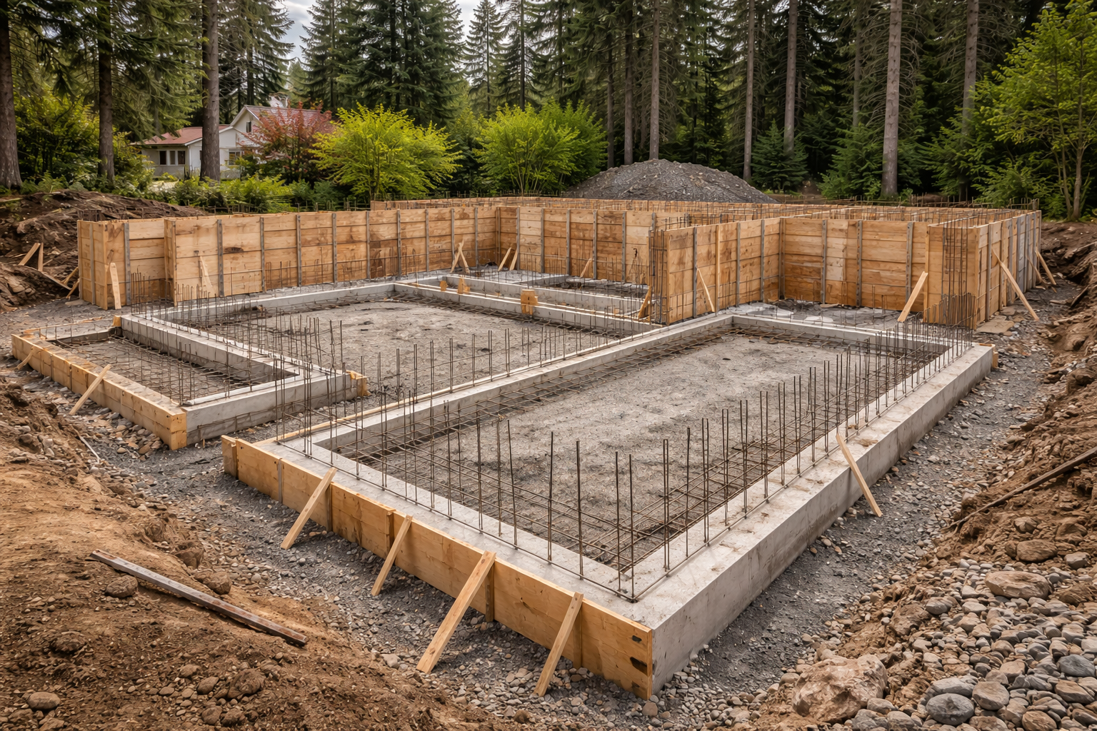 Wooden forms with rebar set for a concrete foundation, in a construction site.
