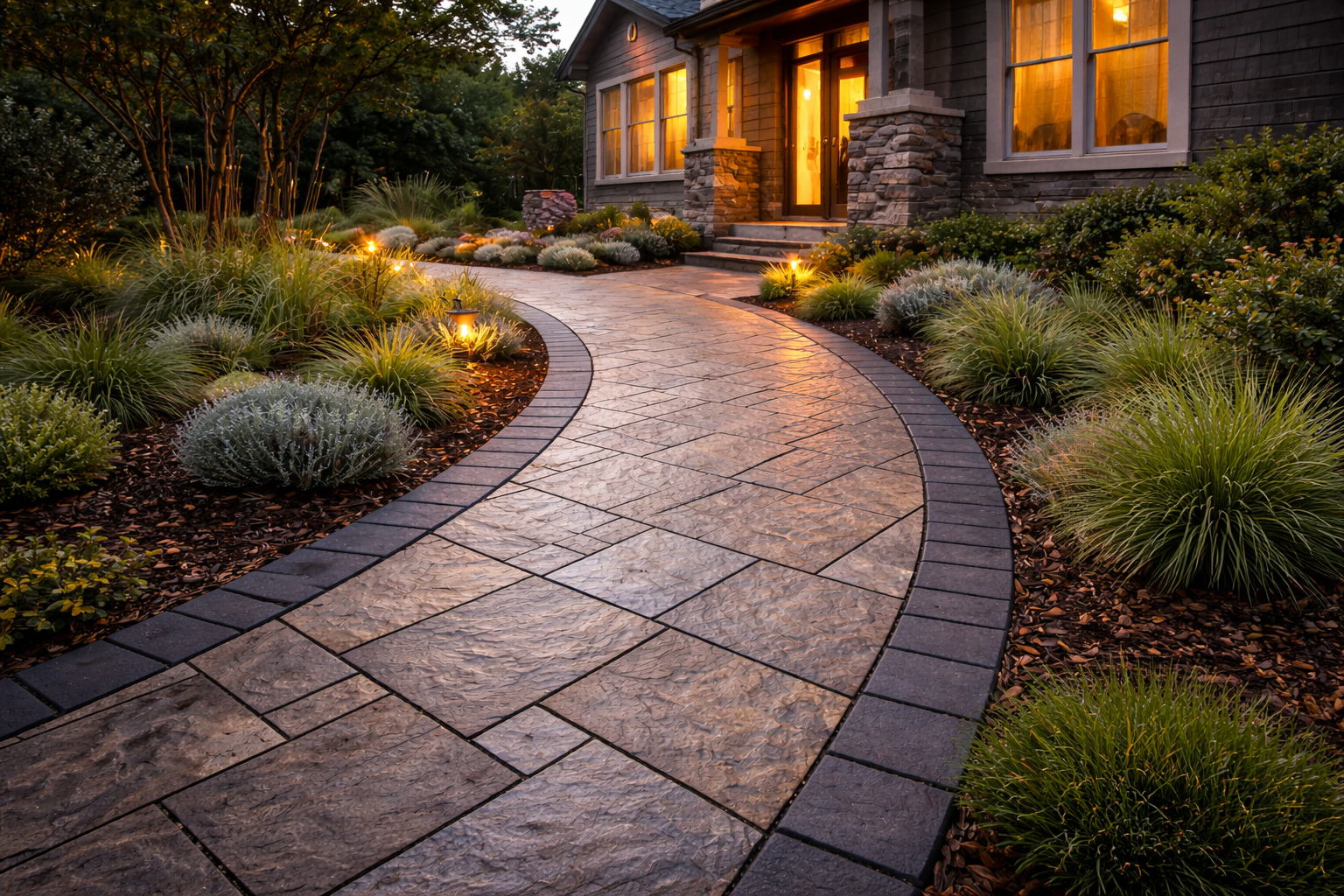 Stamped and coloured concrete walkway curves towards a house with warm lighting, flanked by manicured landscaping.