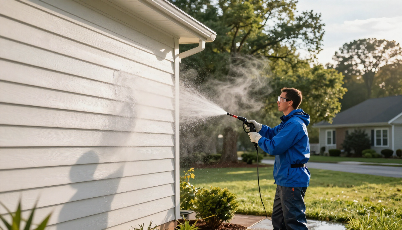 Technician performing house soft washing on a Baton Rouge residence.