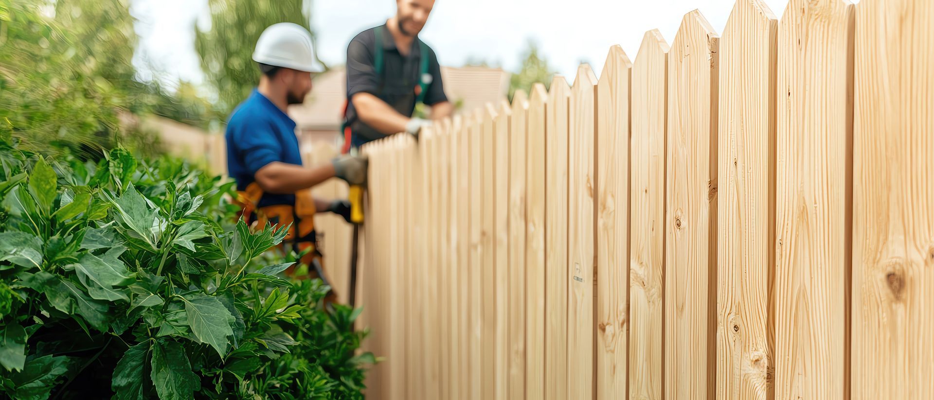 Team of builders erecting a wooden privacy fence in a suburban backyard.