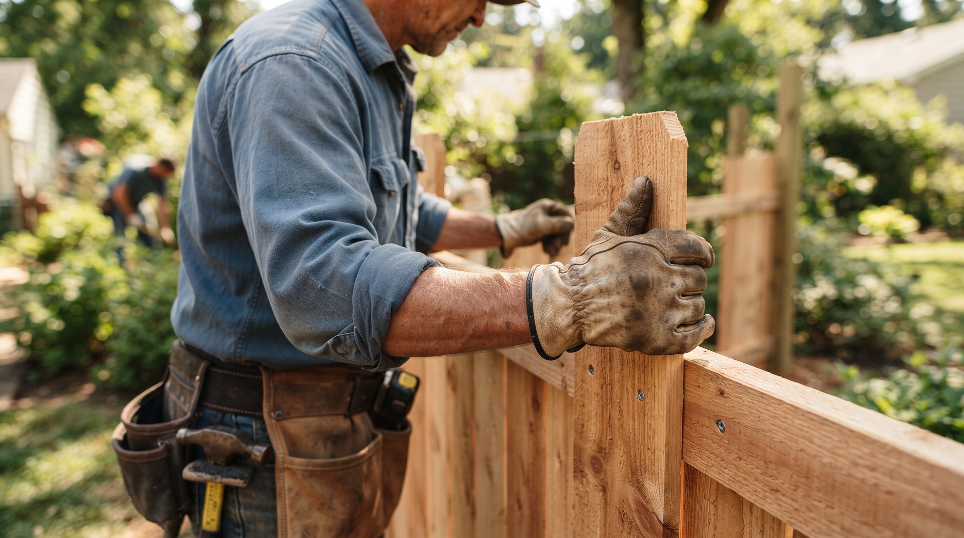 Fence contractor in work gloves and a tool belt setting a wooden fence board in a sunlit backyard.