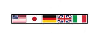 Flags of the United States, Japan, Germany, United Kingdom, and Italy displayed in a row | Huber Automotive